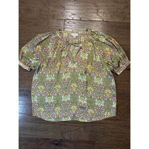 Current Air Green Floral Damask Tie Neck Puff Sleeve Blouse XS 2230873